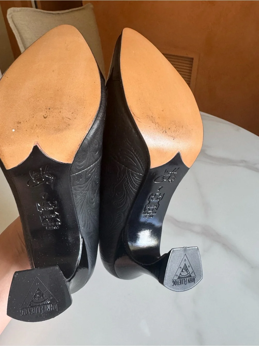 John Fluevog Malala Big Presence Black Embossed Leather Mary Jane Heels 7